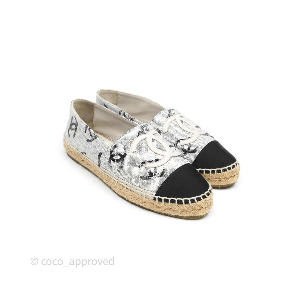 Chanel CC Espadrilles in Grey Cotton Jacquard Black Grosgrain 22S Size 38