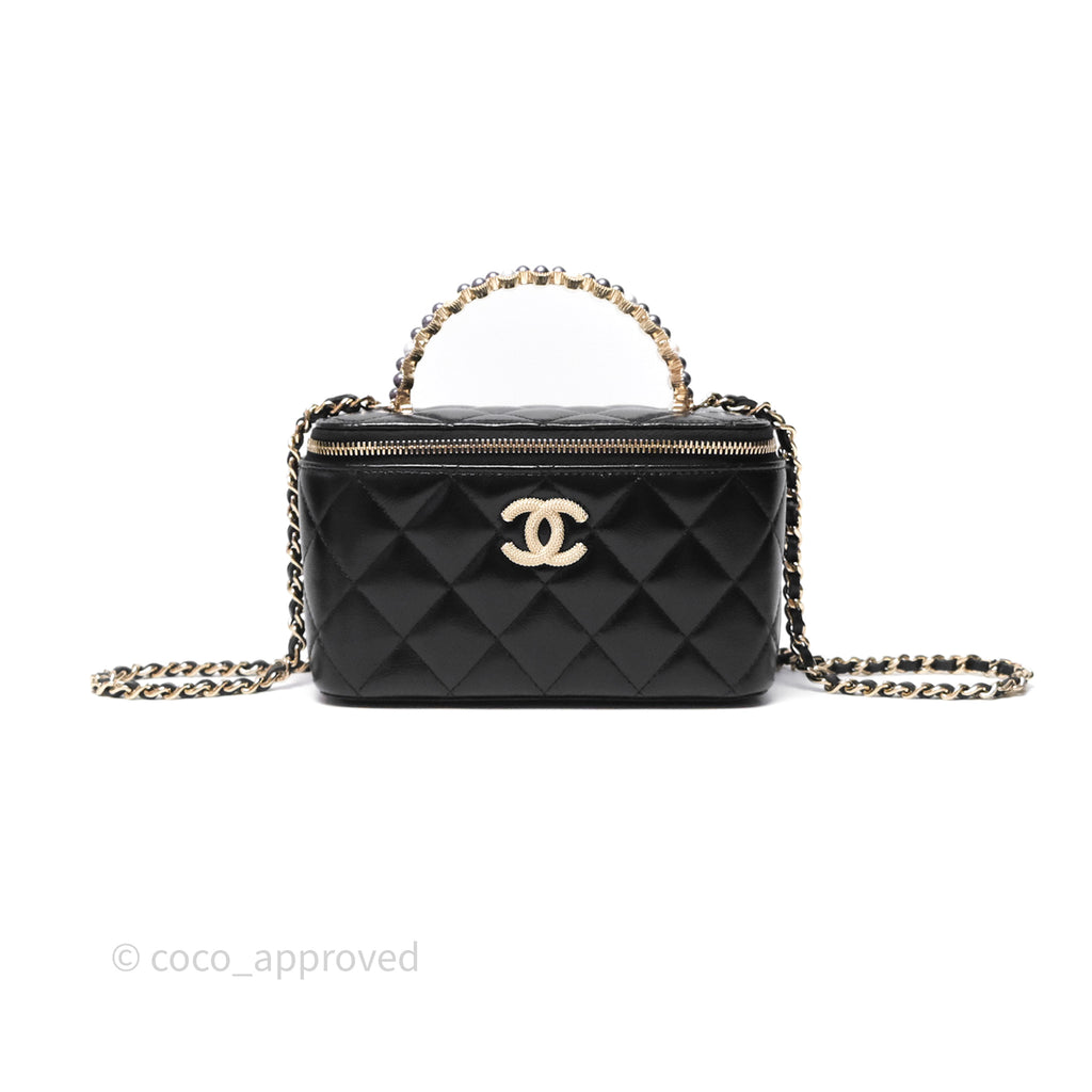 Chanel Vanity Rectangular Top Handle Black Shiny Lambskin Gold Hardware 24P