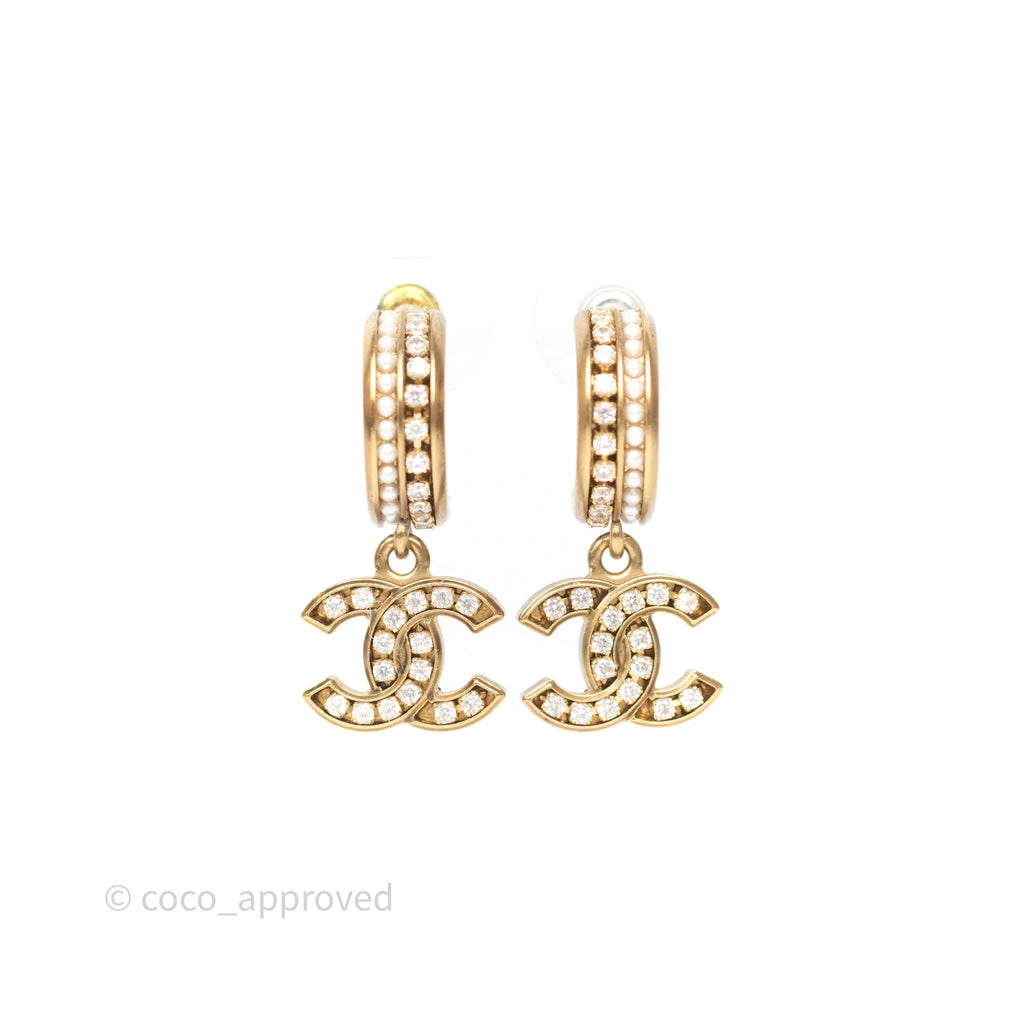 Chanel CC Crystal Pearl Hoop Earrings Gold Tone 21C