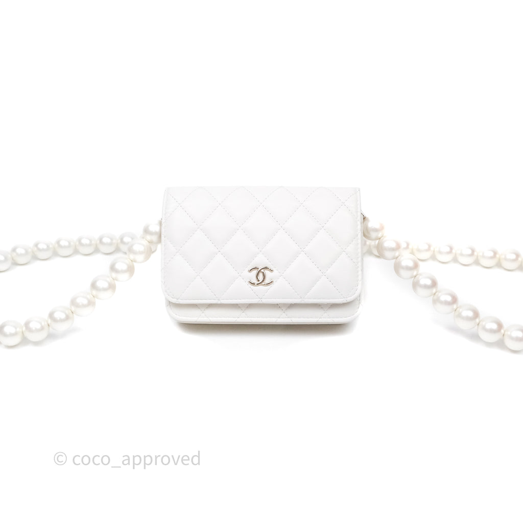 Chanel Mini Wallet On Large Pearl Chain WOC Quilted White Lambskin Gold Hardware