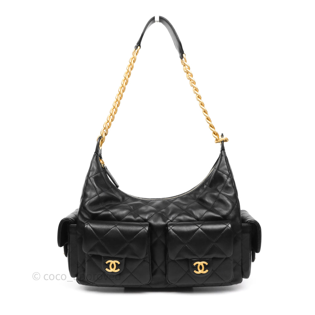 Chanel Quilted Trendy Double Pocket Hobo Black Lambskin Gold Hardware
