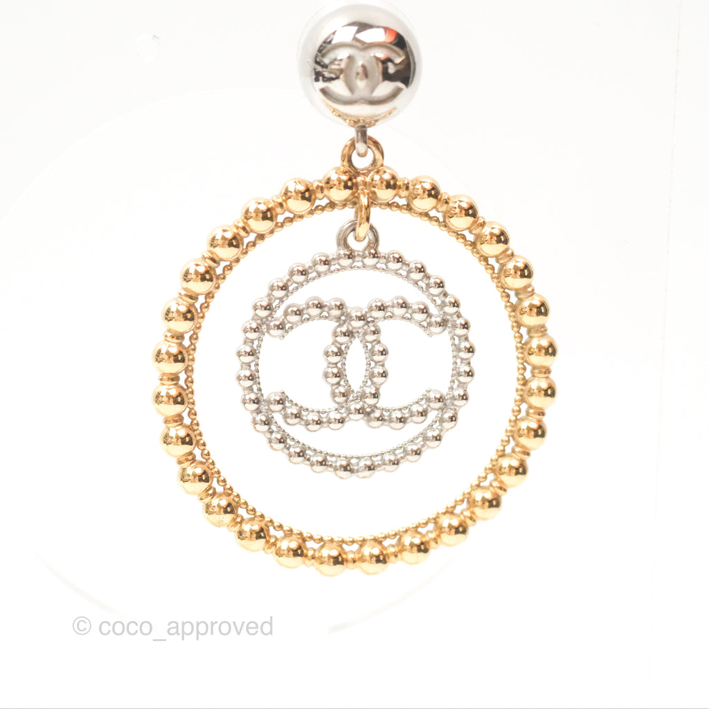 Chanel CC Hoop Drop Earrings Silver Gold Tone 22C