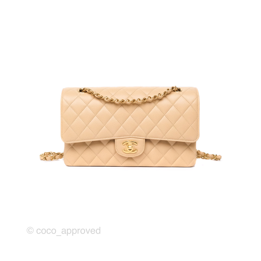 Chanel Classic M/L Medium Flap Quilted Beige Caviar Gold Hardware