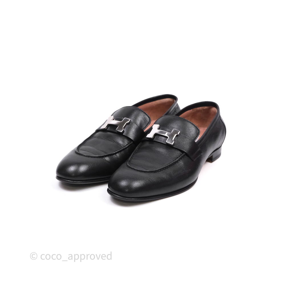 Hermès Paris Loafer Black Goatskin Palladium H Buckle Size 38