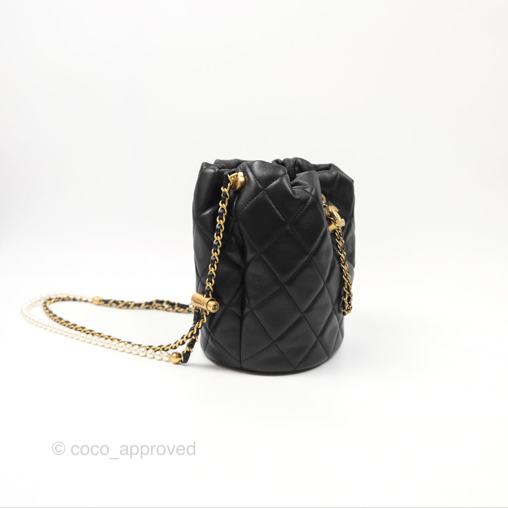 Chanel Quilted My Perfect with Pearl Drawstring Bucket Bag Black Lambskin Aged Gold Hardware