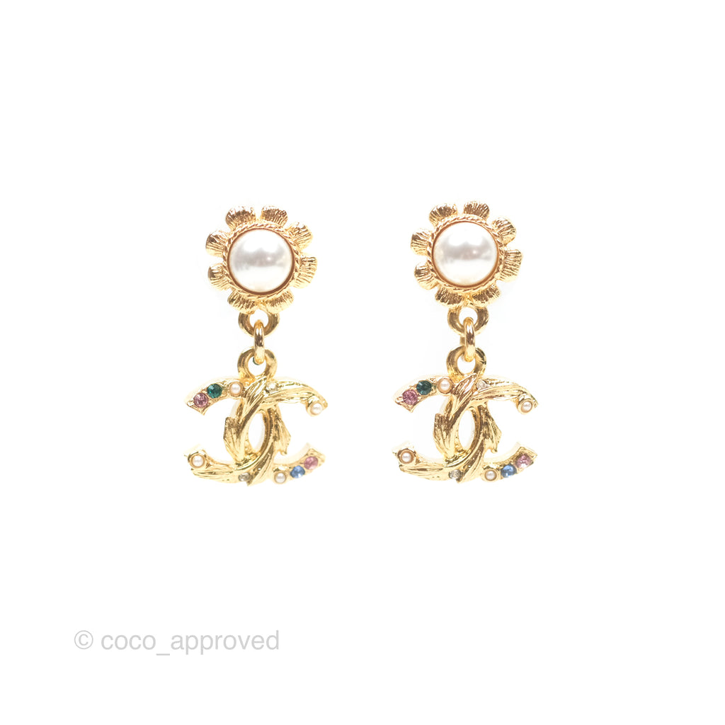 Chanel Pearl Flower Crystal CC Drop Earrings Gold Tone 22K