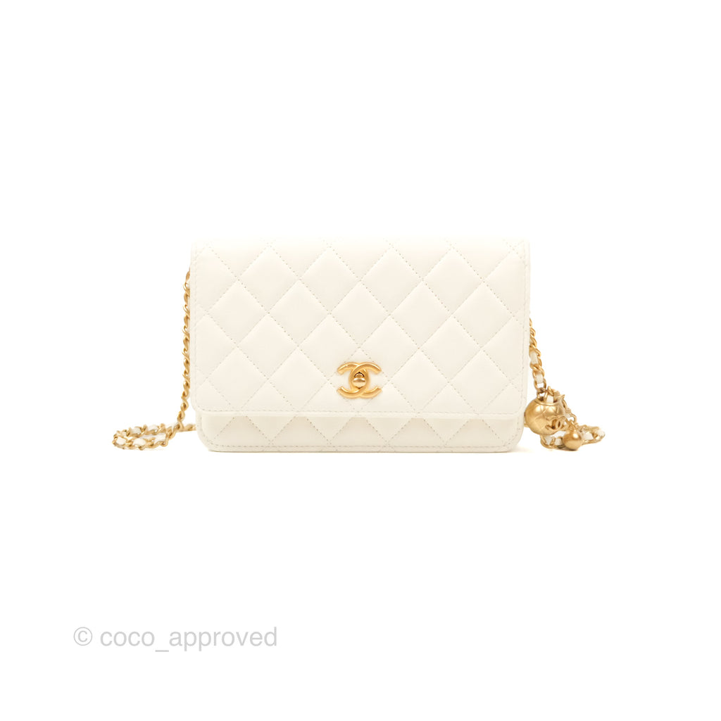 Chanel Quilted Pearl Crush Wallet on Chain WOC White Lambskin Aged Gold Hardware