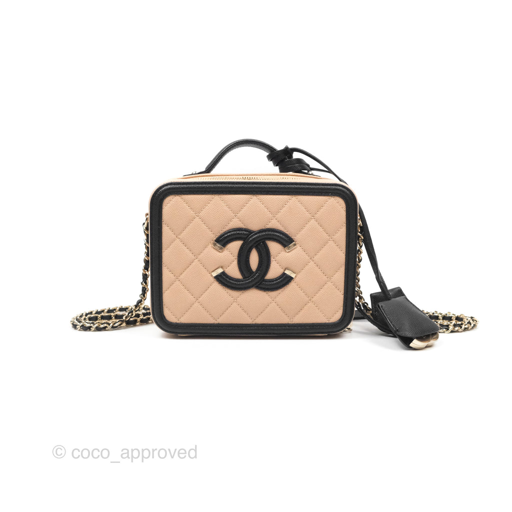 Chanel Quilted New Small CC Filigree Vanity Case Beige Caviar Gold Hardware