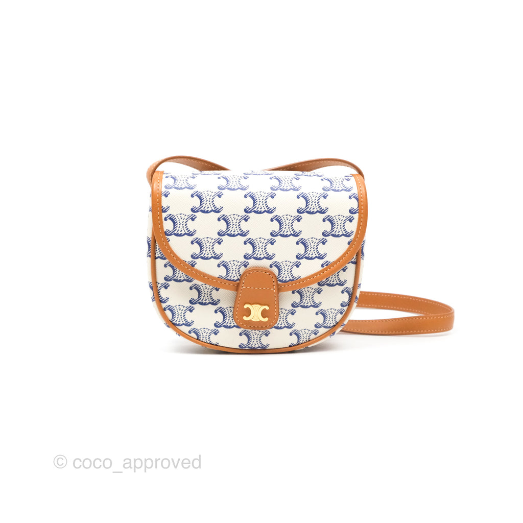 Celine Mini Besace with Triomphe Embroidery Calfskin in White/ Blue