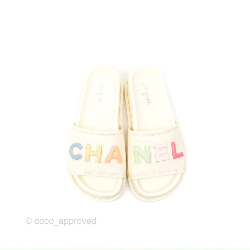 Chanel Multi-color Cha-Nel Logo Ivory Lambskin Slippers