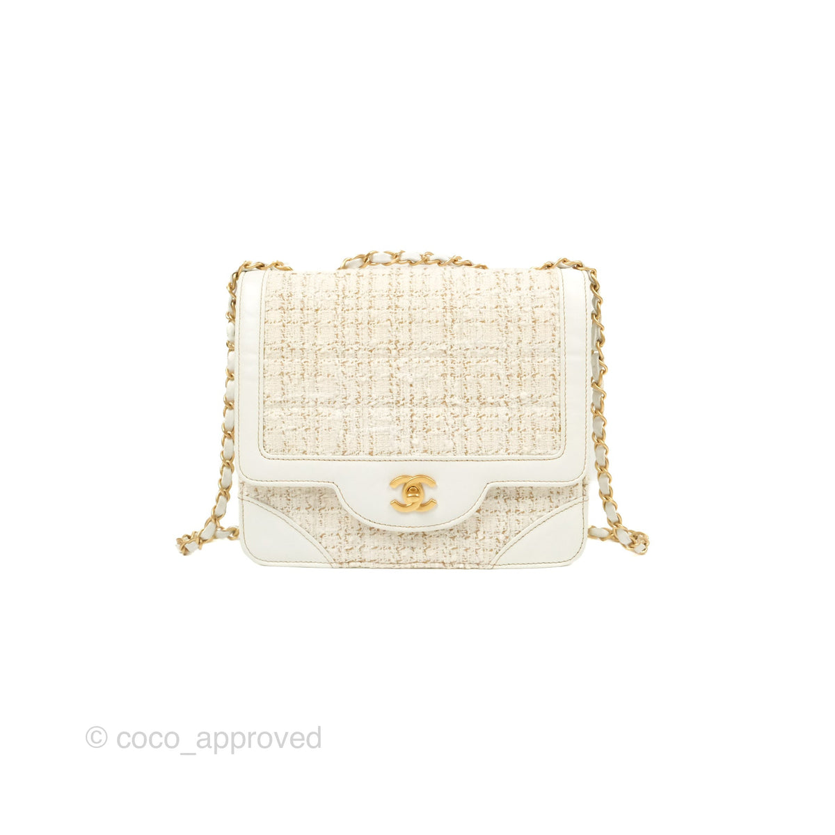 Chanel Small Tweed Flap Bag White Aged Gold Hardware – Coco Approved Studio
