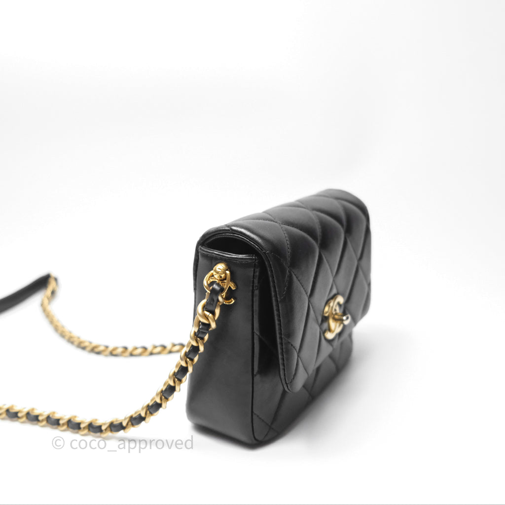 Chanel Logo Mini Square Flap Bag Black Lambskin Aged Gold Hardware 21B