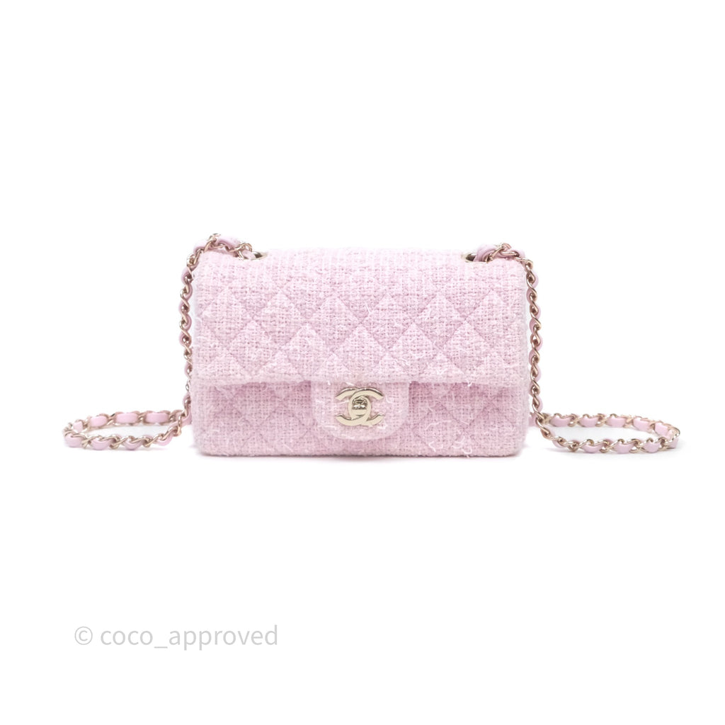 Chanel Classic Mini Rectangular Flap Pink Tweed Gold Hardware