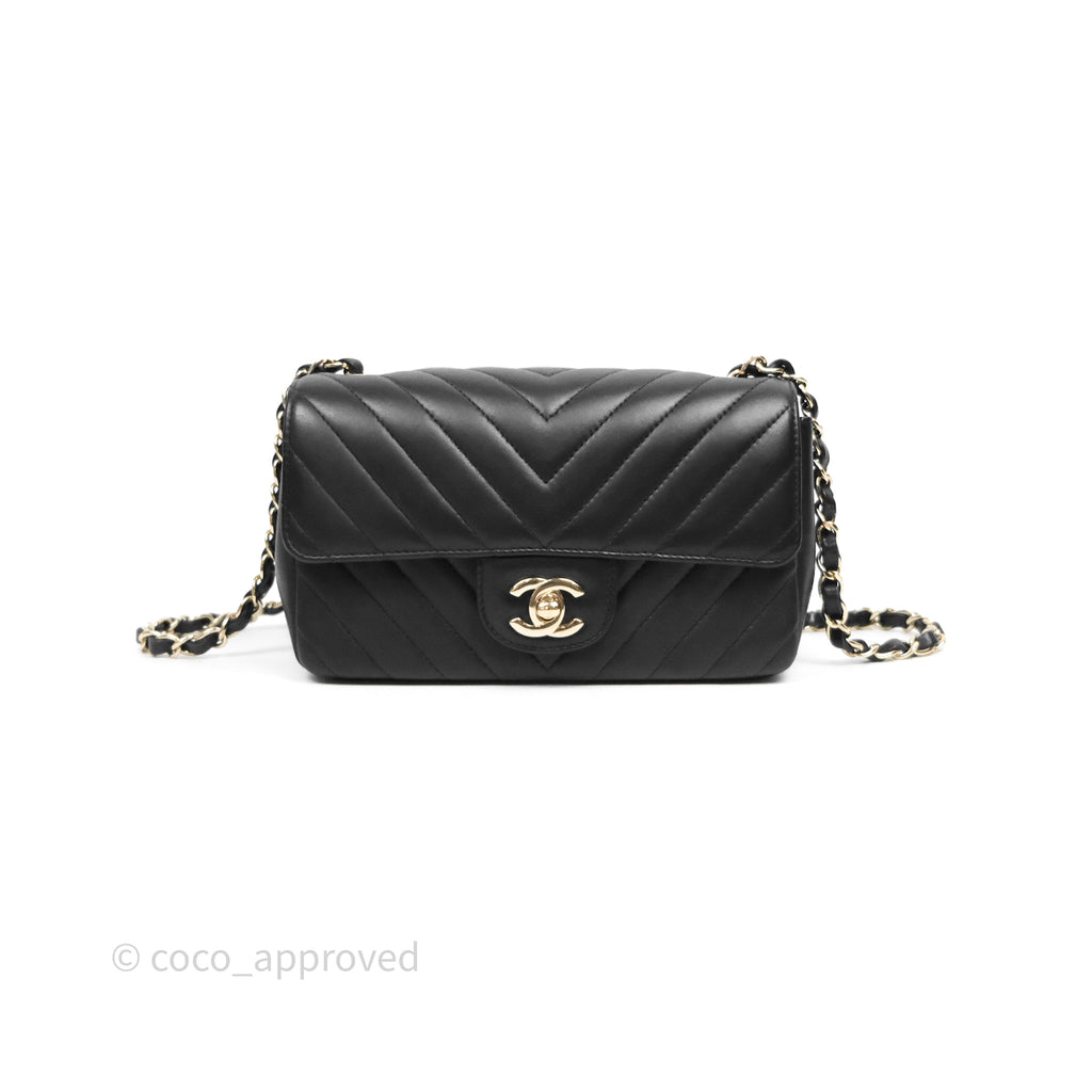 Chanel Quilted Mini Rectangular Chevron Black Lambskin Gold Hardware