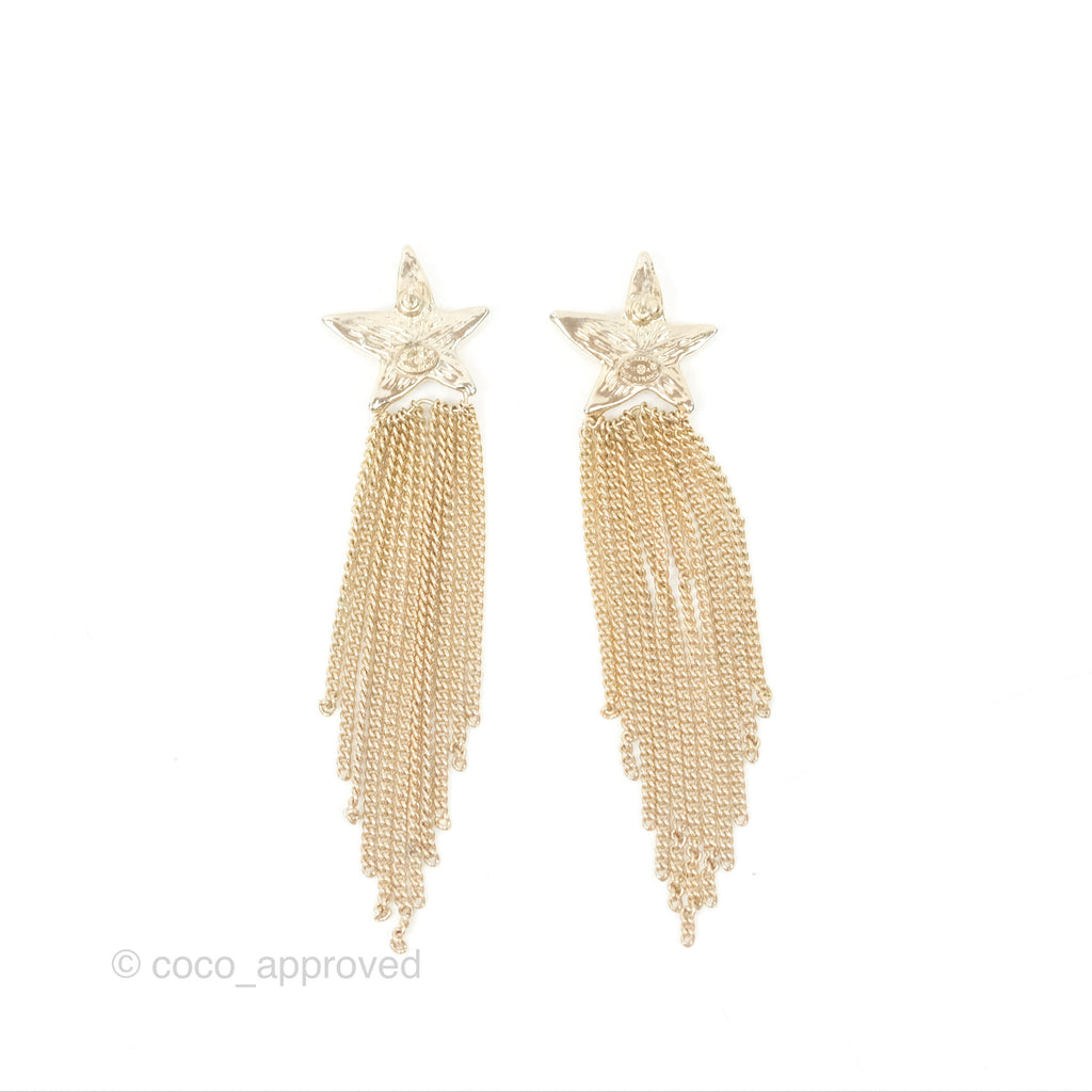 Chanel CC Crystal Star Drop Earrings Gold Tone 17A 