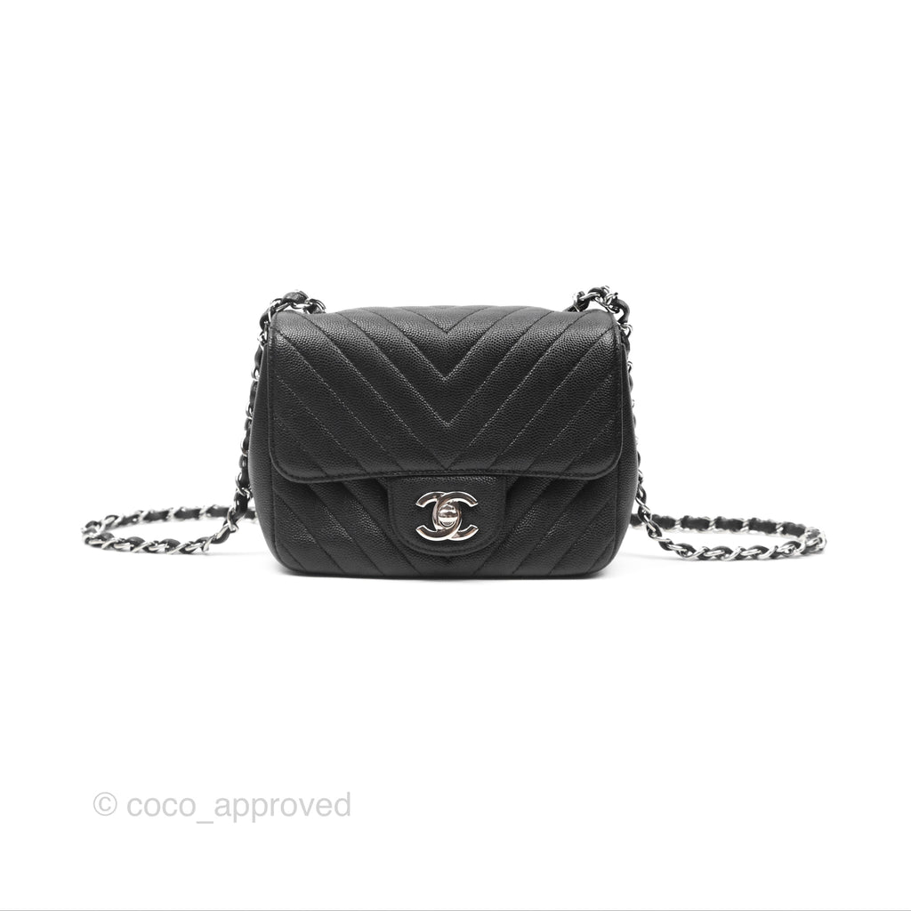 Chanel Mini Square Chevron Black Caviar Silver Hardware