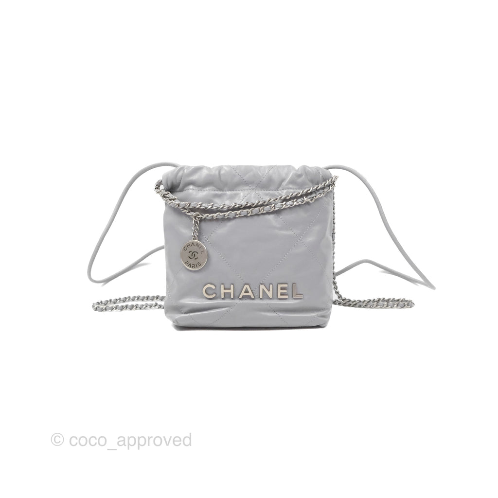 Chanel 22 Mini Bag Light Grey Shiny Crumpled Calfskin Matte Silver Hardware