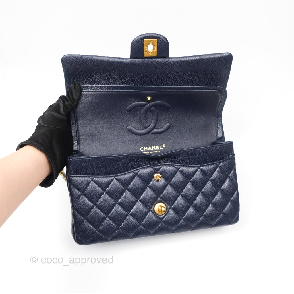 Chanel Classic M/L Medium Flap Quilted Navy Caviar Aged Gold Hardware