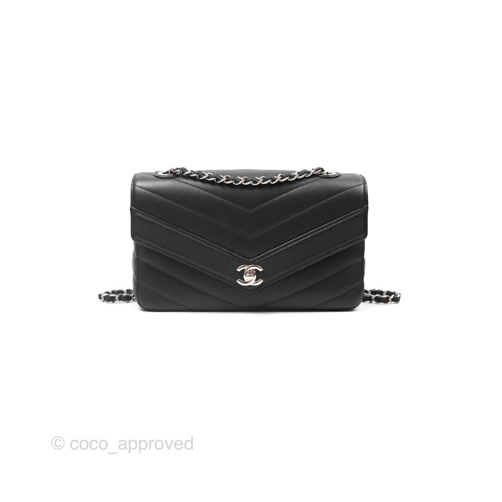 Chanel Chevron Flap Bag Black Caviar Silver Hardware