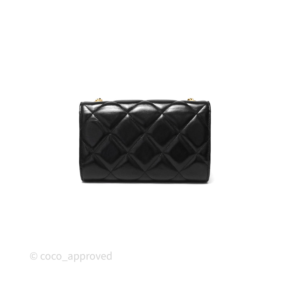 Chanel Quilted Medallion Wallet on Chain WOC Black Patent Aged Gold Hardware 22K