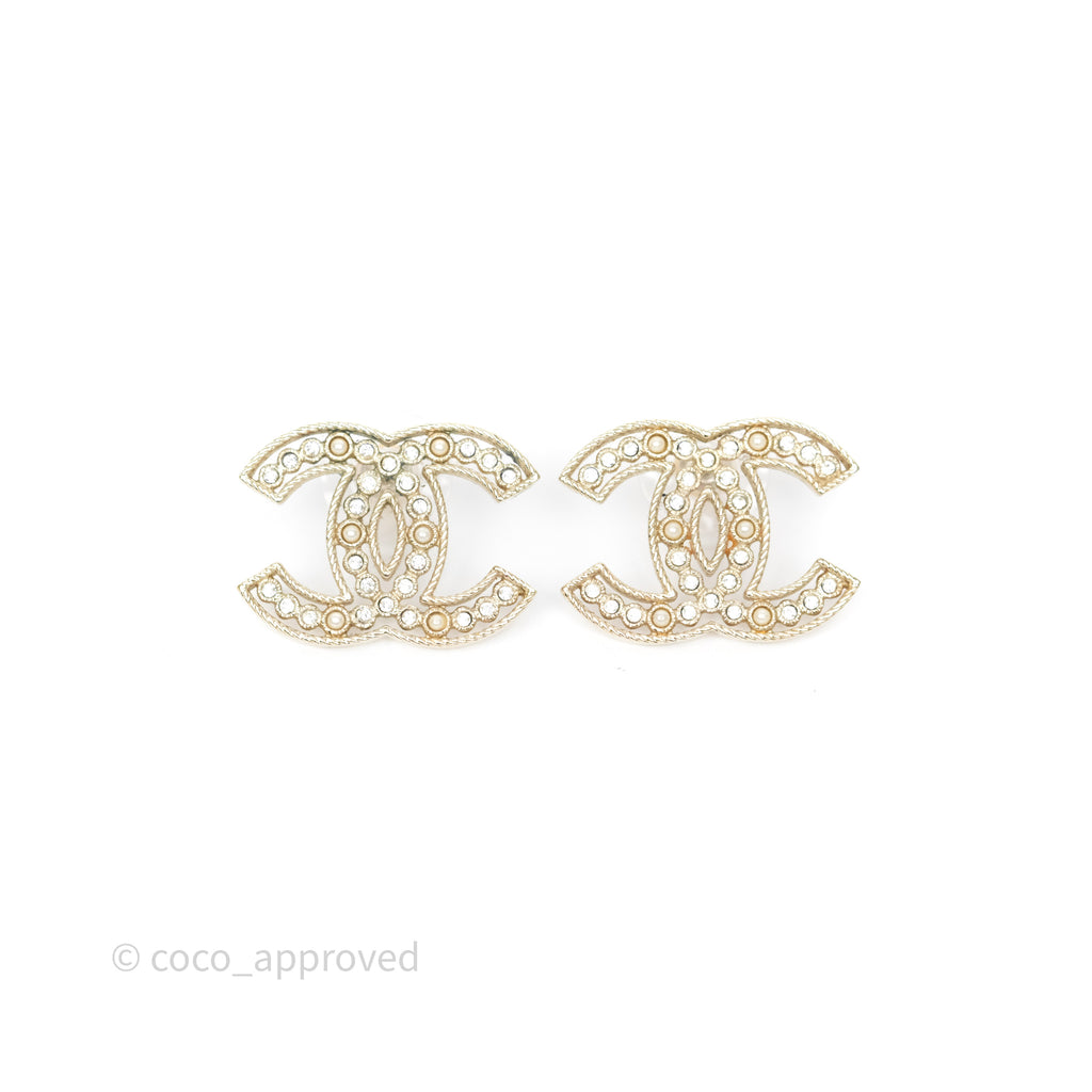 Chanel CC Crystals Pearl Earrings Gold Tone 19S