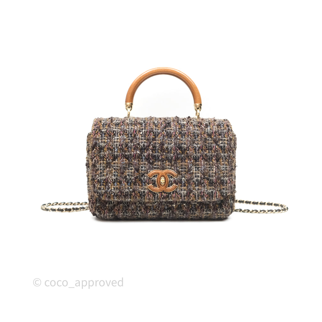 Chanel Top Handle Flap Bag Tweed Gold Hardware