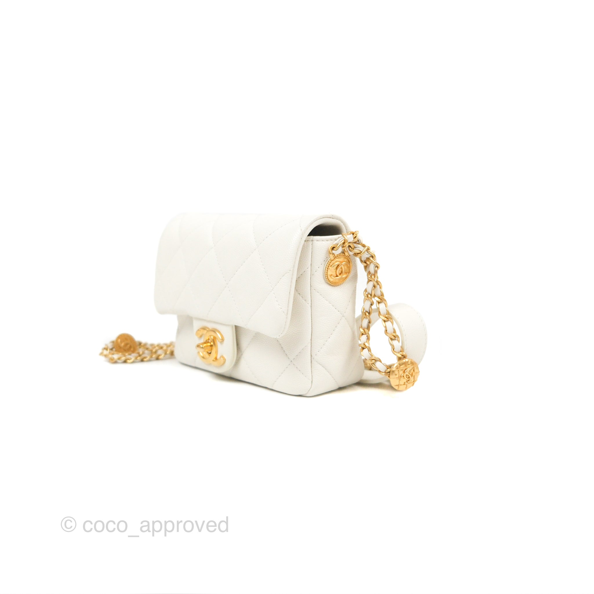 Mini Flap with Coin Charm White Caviar Aged Gold Hardware 22A  ———————————————————————⁣⁣ Price 3830USD / 5990AUD / 5250CAD / 52