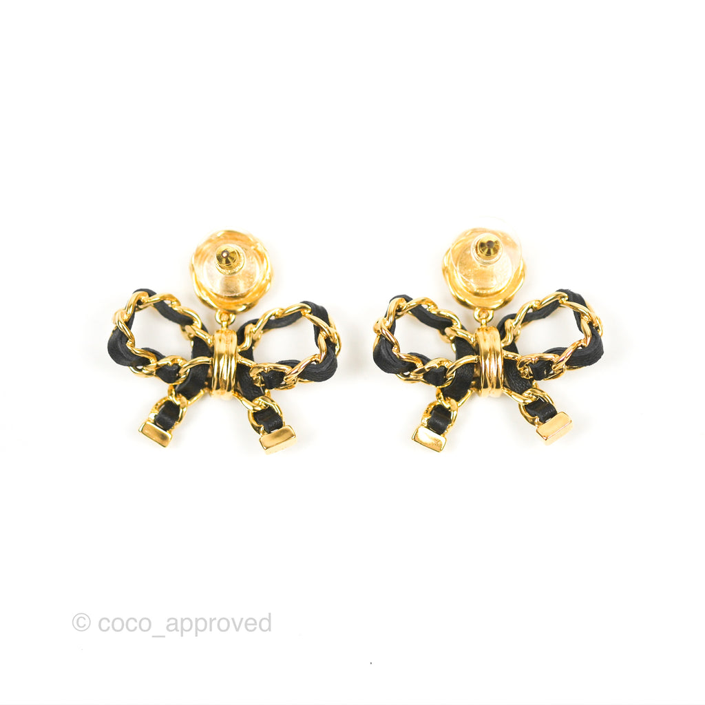 Chanel CC Lambskin Chain Bow Stud Earrings Black Gold 22A