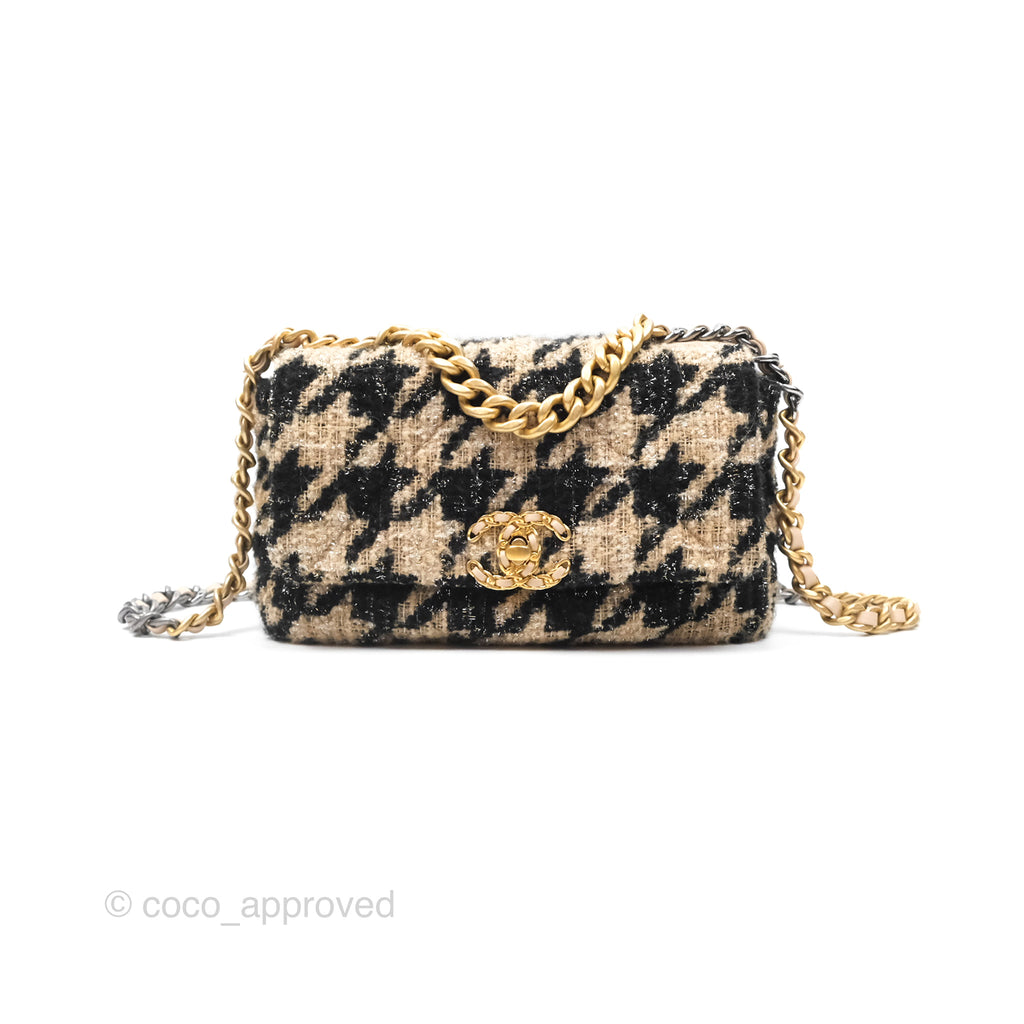 Chanel 19 Small Tweed Houndstooth Black Beige Mixed Hardware