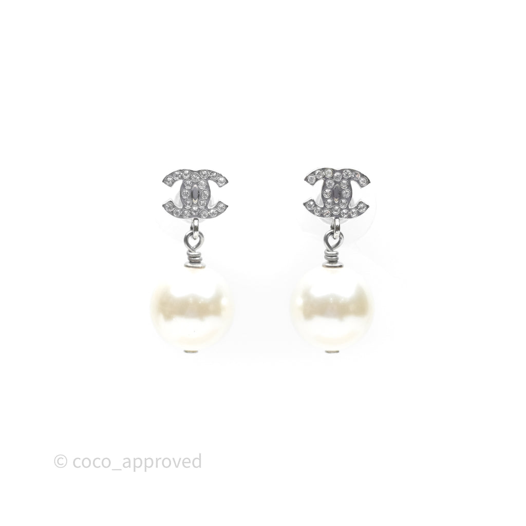 Chanel CC Crystal Pearl Drop Earrings Silver Tone 19V