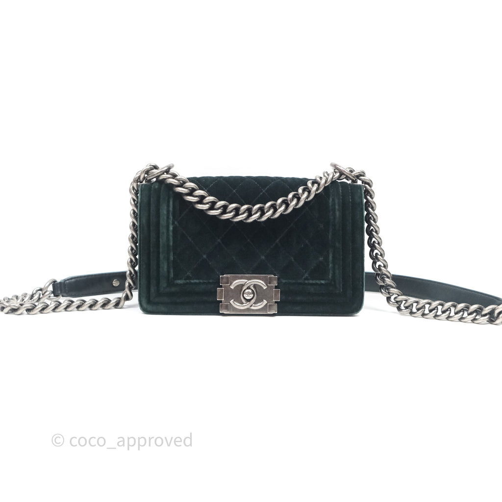 Chanel Small Boy Quilted Dark Green Velvet Ruthenium Hardware
