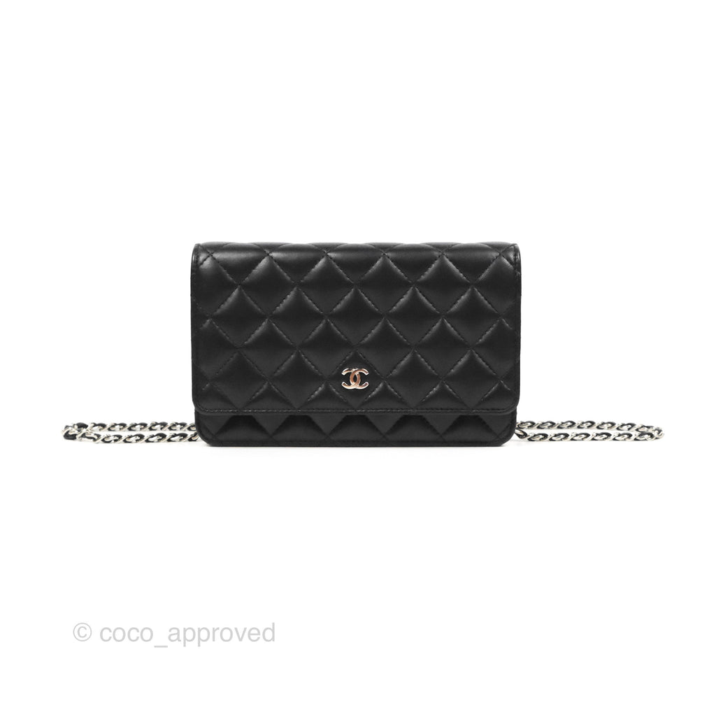 Chanel Classic Quilted Wallet On Chain WOC Black Lambskin Silver Hardware