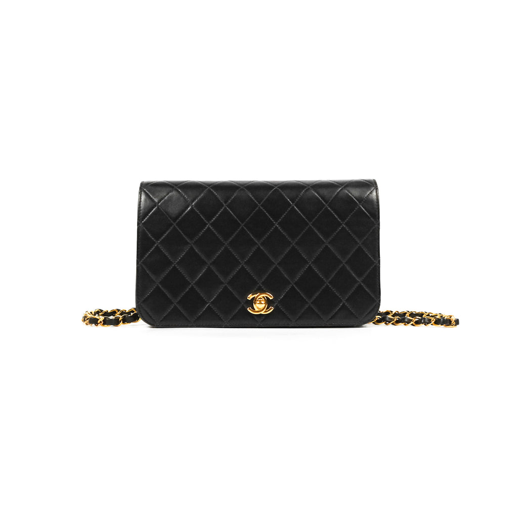 Chanel Vintage Full Flap Quilted Shoulder Bag Black Lambskin 24K Gold Hardware