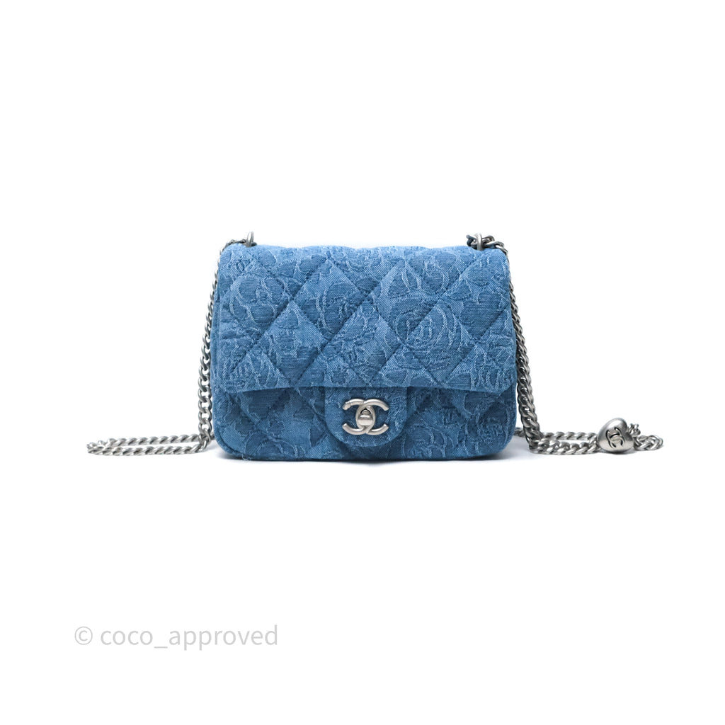 Chanel Mini Flap Bag Heart Adjustable Chain Camellia Denim Aged Gold Hardware