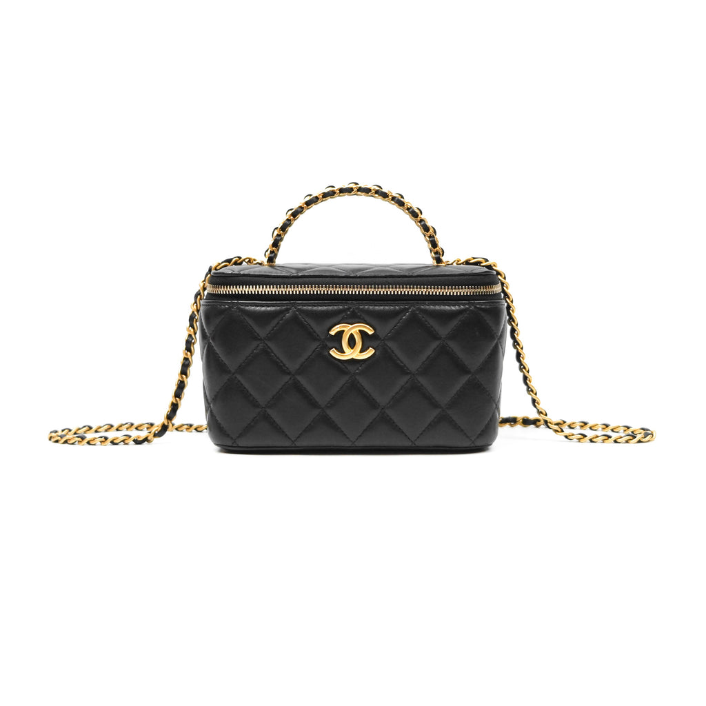 Chanel Vanity Rectangular with Top Handle Black Lambskin Aged Gold Hardware