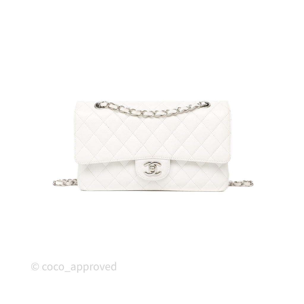 Chanel M/L Medium Classic Flap Quilted White Caviar Silver Hardware