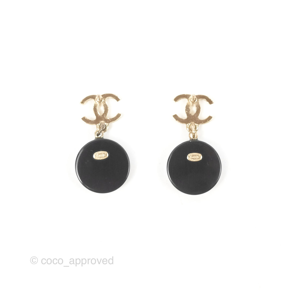 Chanel CC Resin Crystal Drop Earrings Black Gold Tone 20C