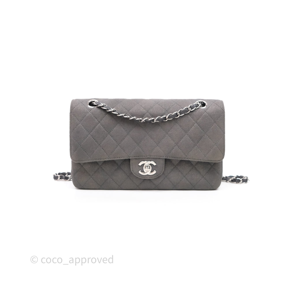 Chanel Classic M/L Medium Flap Quilted Iridescent Metallic Grey Canvas Silver Hardware