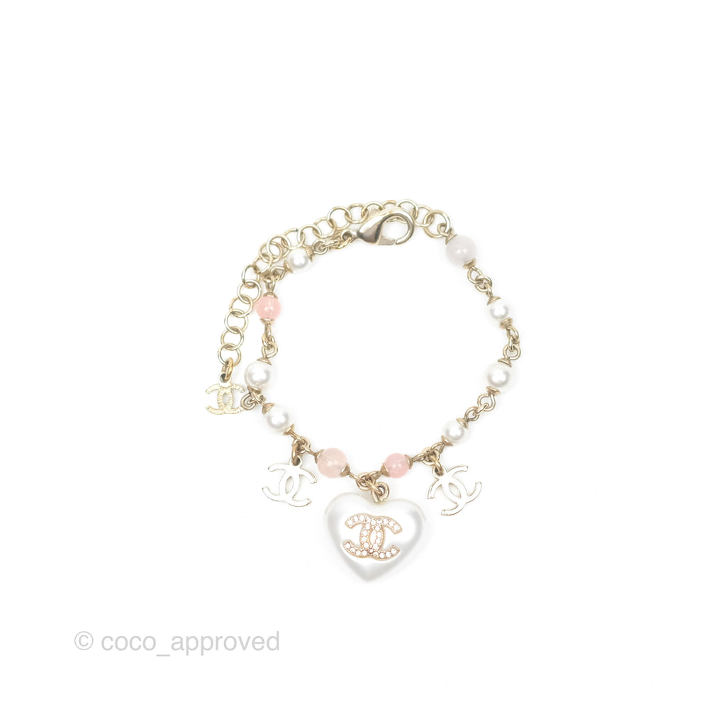 Chanel Pink Bead Heart Pearl Crystal CC Bracelet Gold Tone 21B