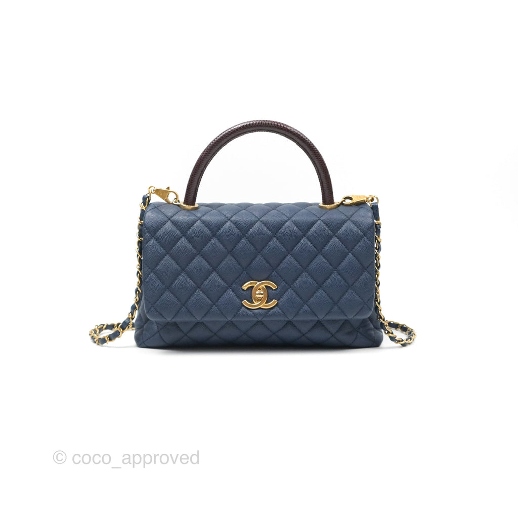 Chanel Medium Coco Handle Quilted Navy Caviar Lizard Handle Aged Gold Hardware