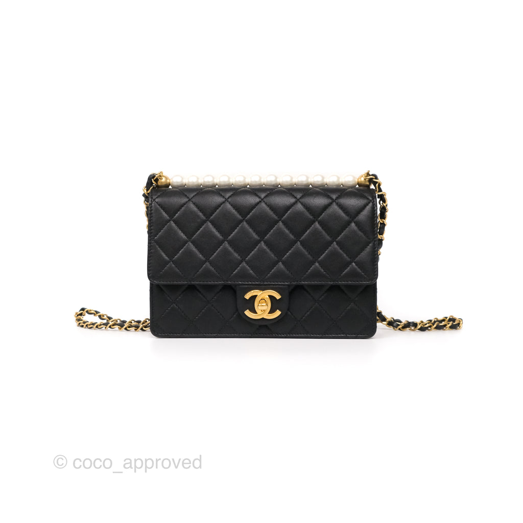 Chanel Small Chic Pearls Flap Quilted Black Goatskin Aged Gold Hardware