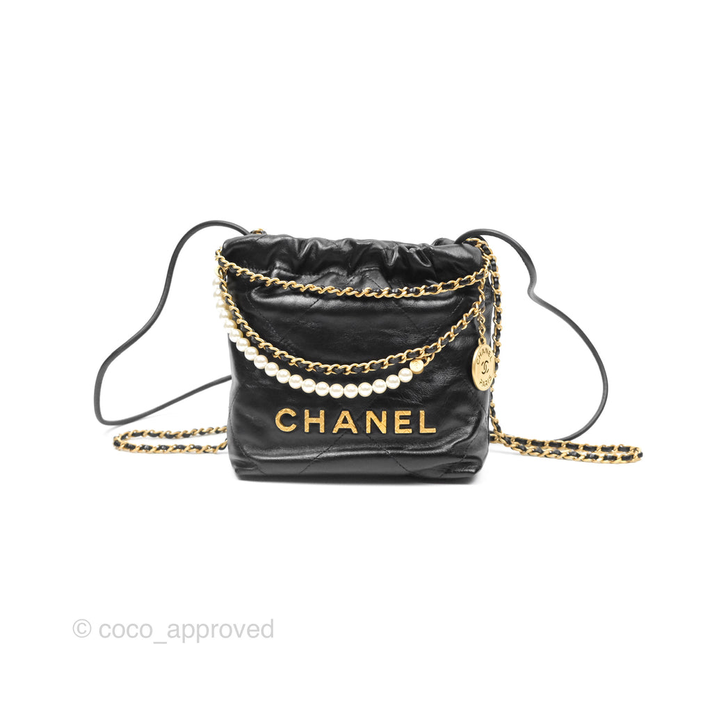 Chanel 22 Mini Bag with Pearl Chain Black Shiny Crumpled Calfskin