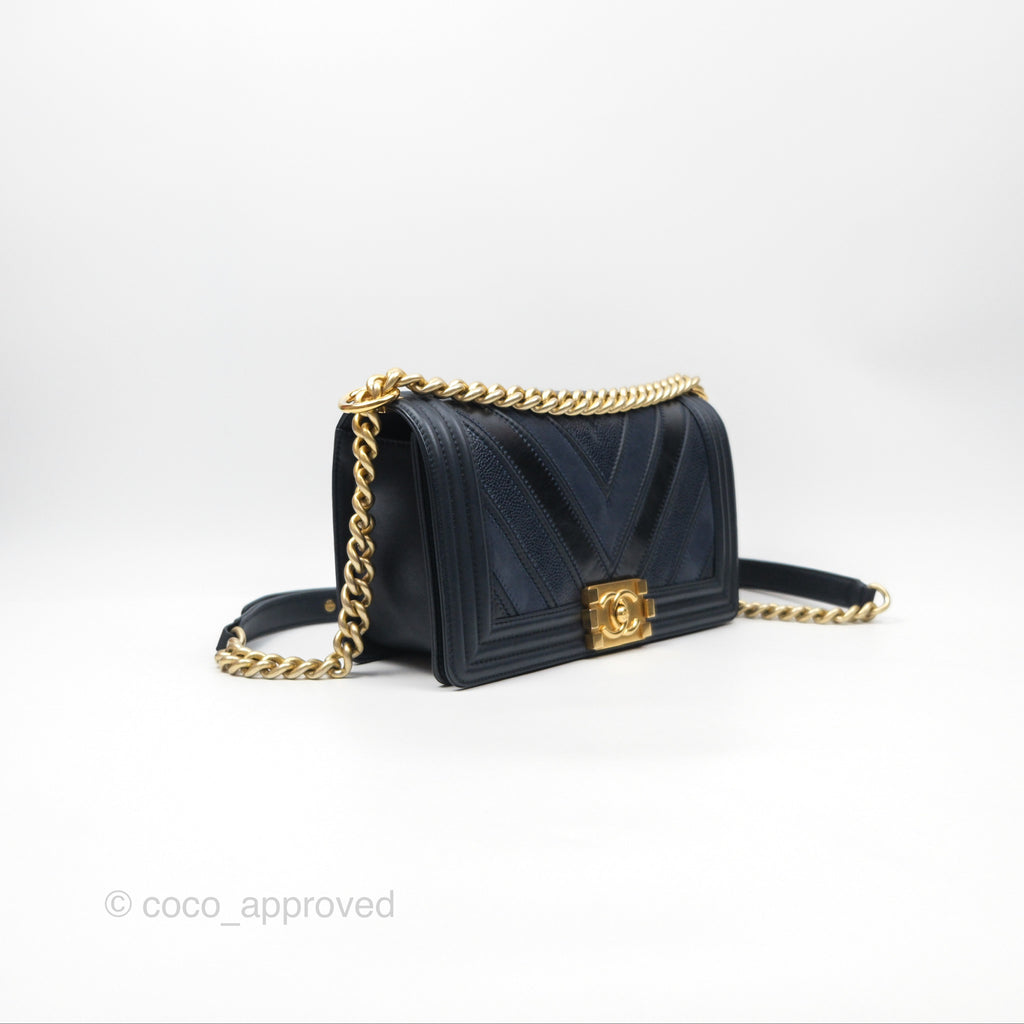 Chanel Medium Boy Chevron Navy Caviar/ Calfskin/ Suede Aged Gold Hardware