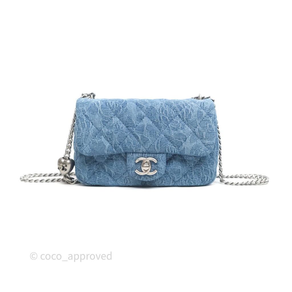 Chanel Quilted Camellia Printed Heart Crush Mini Flap Bag Blue Denim Aged Silver Hardware