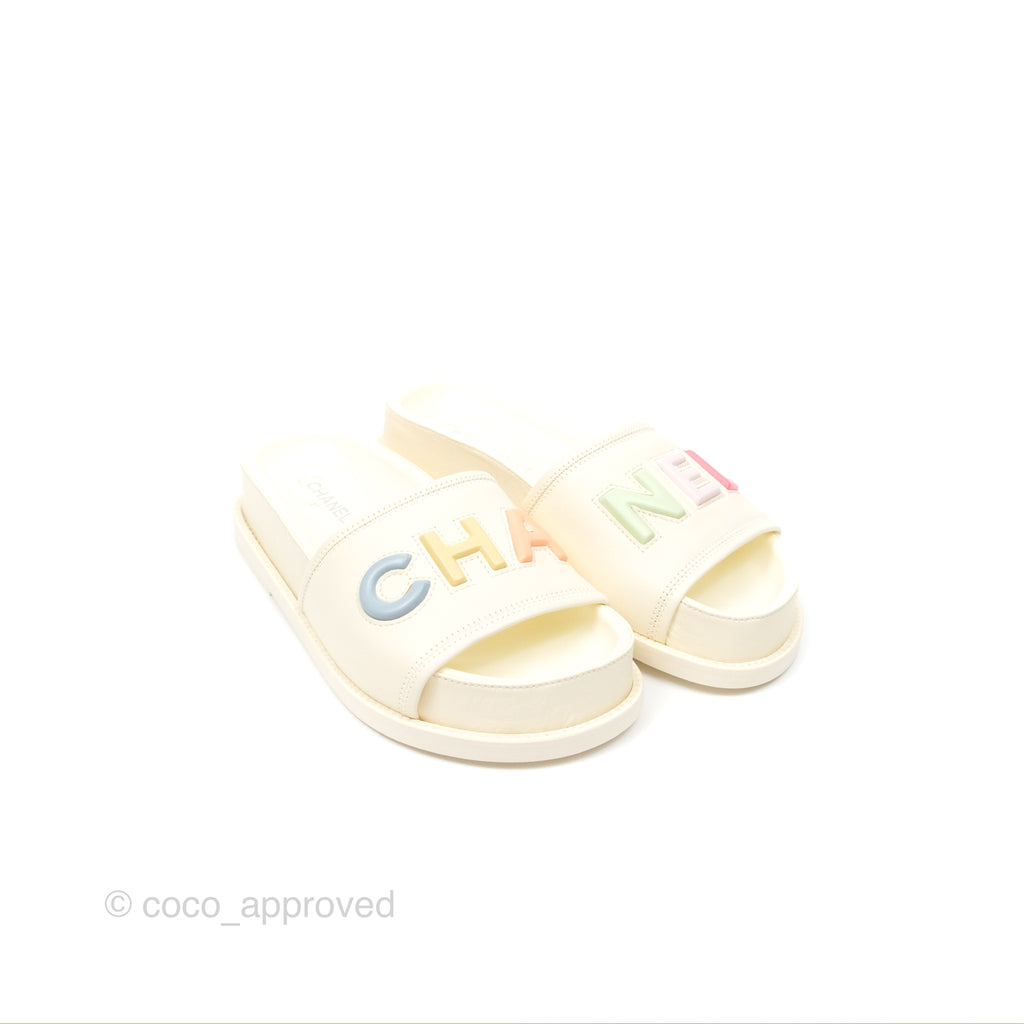 Chanel Multi-color Cha-Nel Logo Ivory Lambskin Slippers