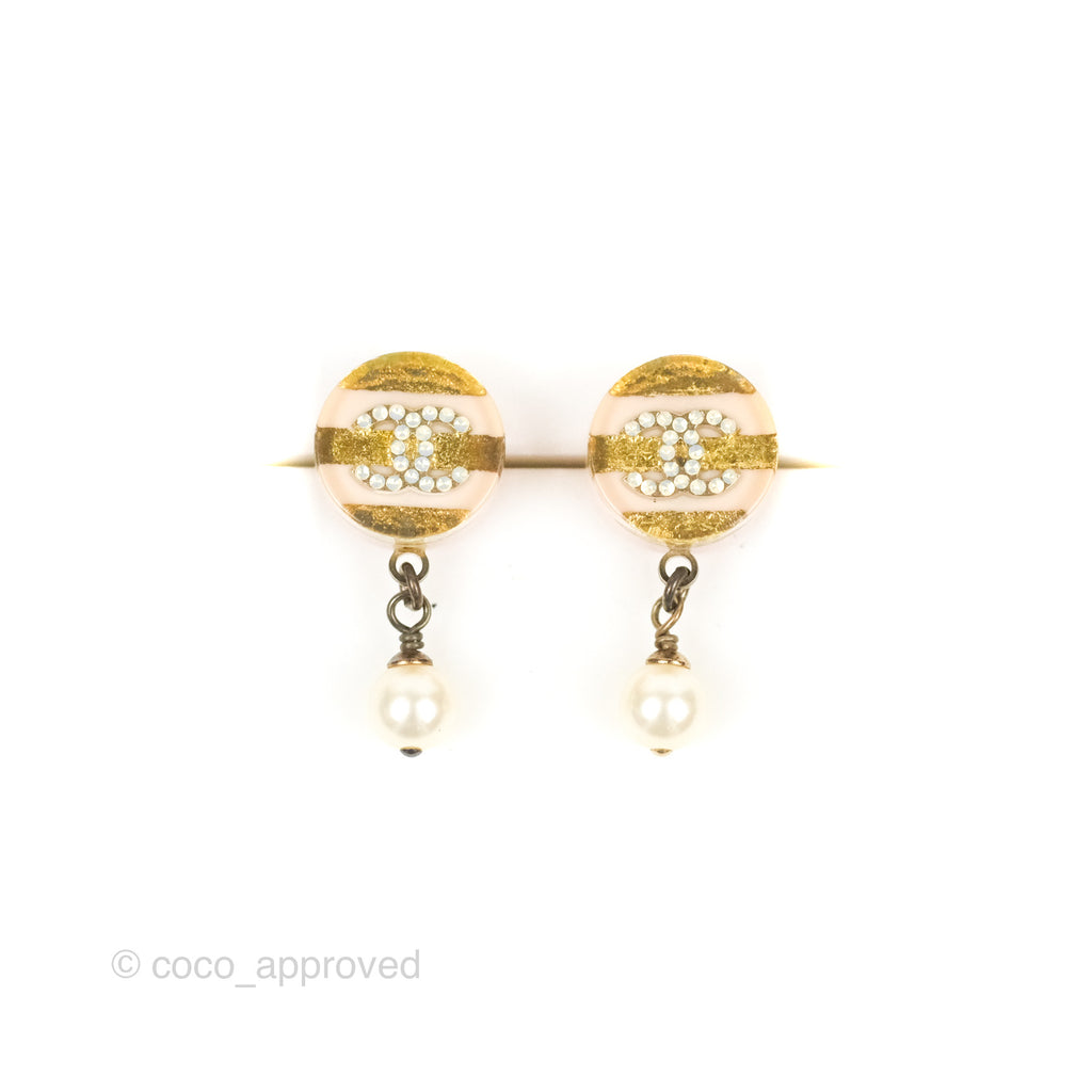 Chanel Pink/Gold Stripe Round CC Pearl Drop Earrings 13C – Coco