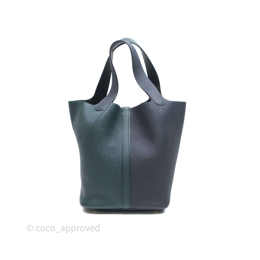 Hermès Picotin Lock 22 Casaque Vert Cyprès 6O/ Bleu Nuit 2Z/ Black Noir 89 Clemence Gold Hardware