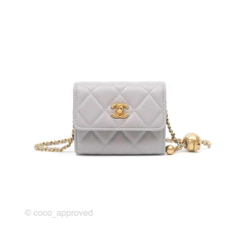 Chanel Pearl Crush Mini Wallet With Chain Grey Lambskin Aged Gold Hardware