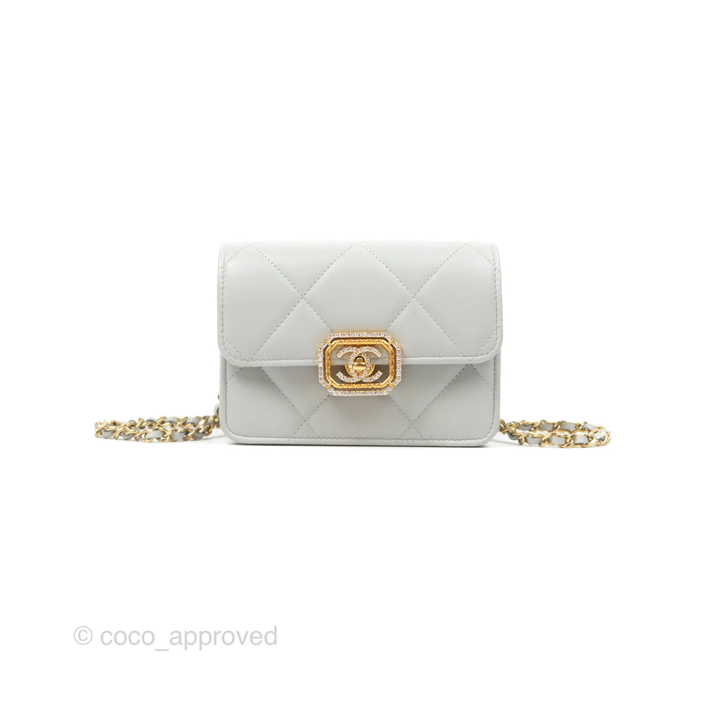 Chanel Crystal CC Mini Cutch with Chain Grey Lambskin Gold Hardware