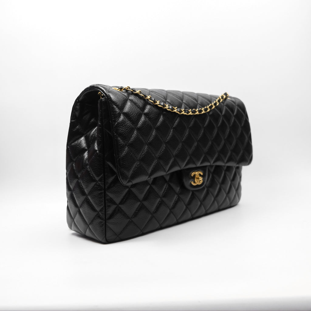 Chanel Quilted XXL Classic Flap Travel Bag Black Caviar Aged Gold Hardware 24C